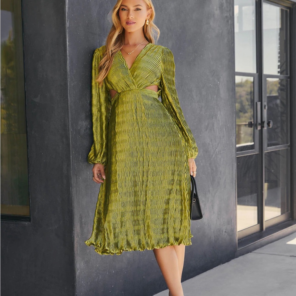 Lorraine Satin Cutout Plisse Midi Dress